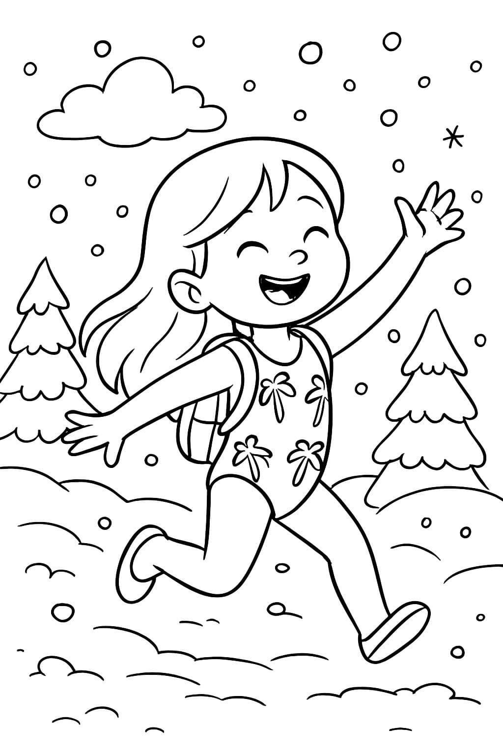 Niña de cinco años con cabello largo que lleva un leotardo de palmera. Mochila pequeña. Bailando en la nieve.