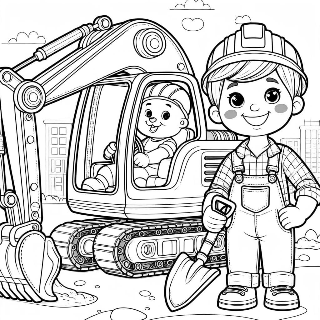 ein Bagger mit Gesicht und ein Junge mit Latzhose, Bauarbeiterhelm und einer Schaufel in der Hand
