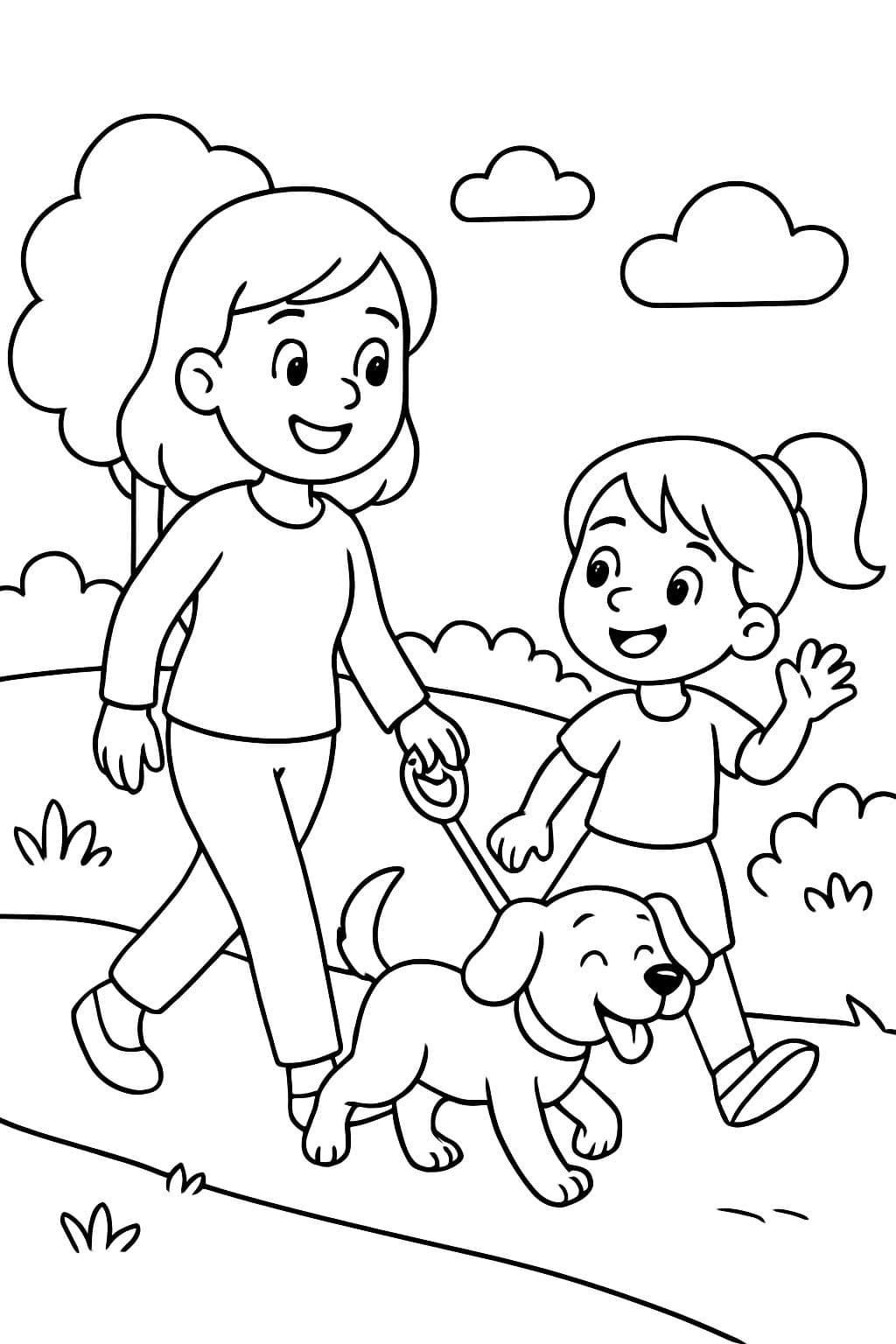 Eine Mama und ihre Tochter, die einen Hund spazieren gehen.