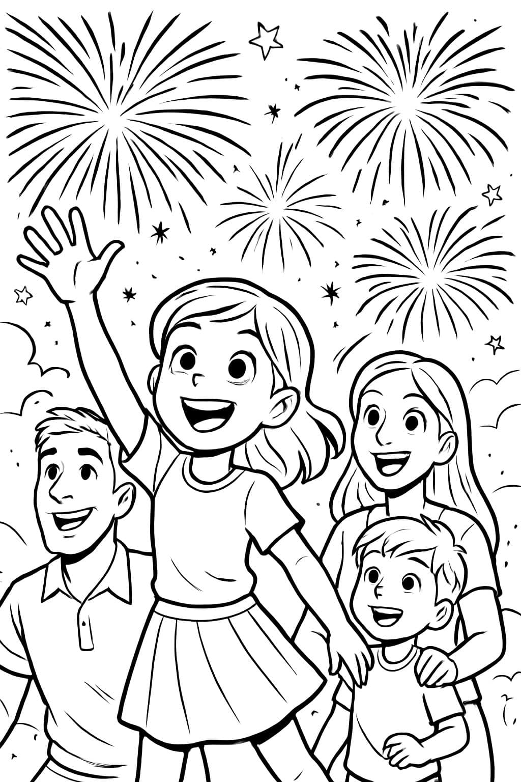 I am currently five at a firework show with one girl or like an eight year old girl, a 10 or a girl and a five or a boy with a mom and a dad.