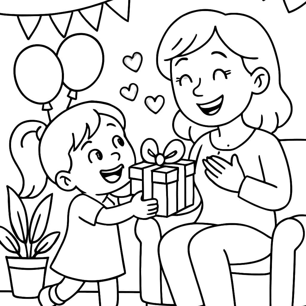 ein Mädchen, dass seiner Mutter ein Geburtstagsgeschenk mit viel Liebe überreicht.
