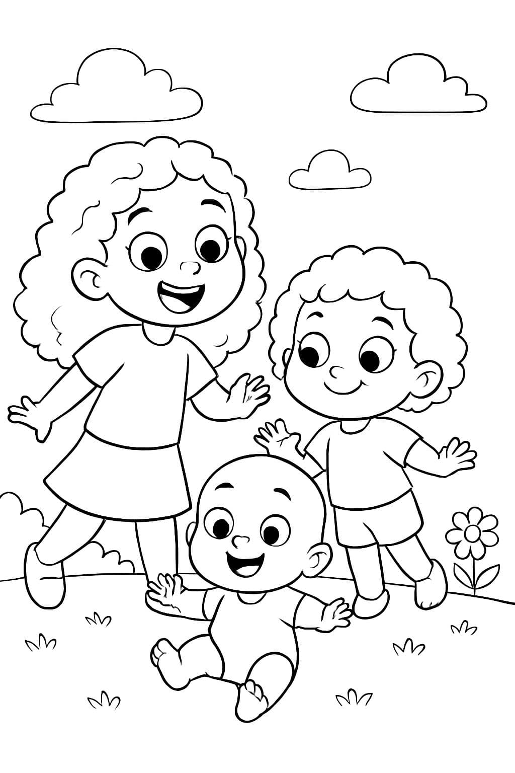 Tres primos: una pequeña con largos cabellos rizados, grandes ojos y mejillas redondas; una segunda niña con cabellos rizados más cortos, grandes ojos y una sonrisa traviesa; y un tercer niño gordito y calvo.