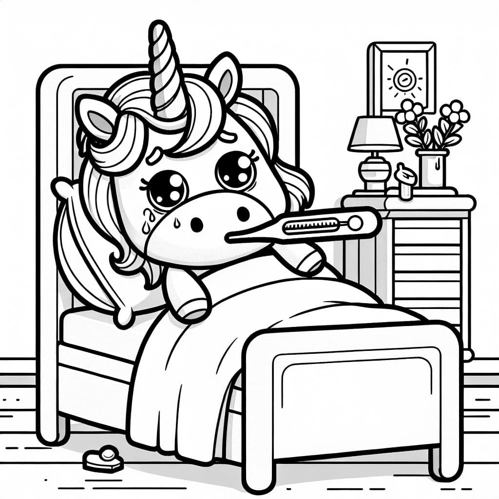 Ein krankes Einhorn das mit Fieberthermometer im bett liegt