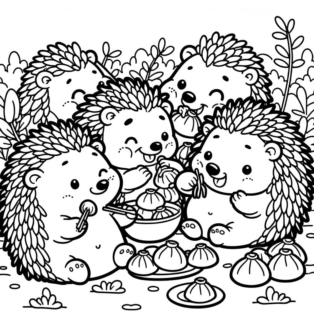 A family of hedgehogs all eating dumplings together