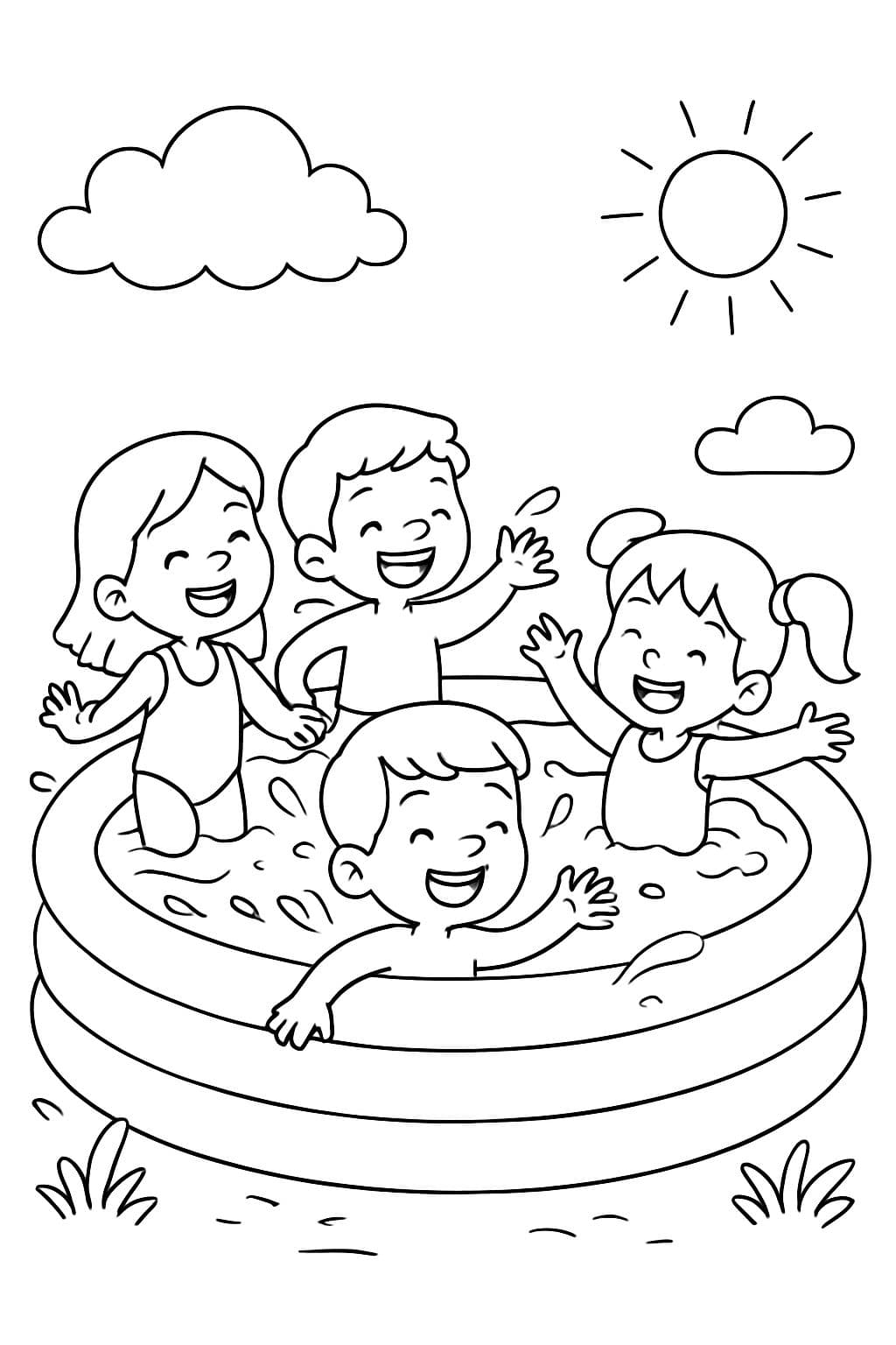 dos chicos y dos chicas están en la piscina de chapoteo