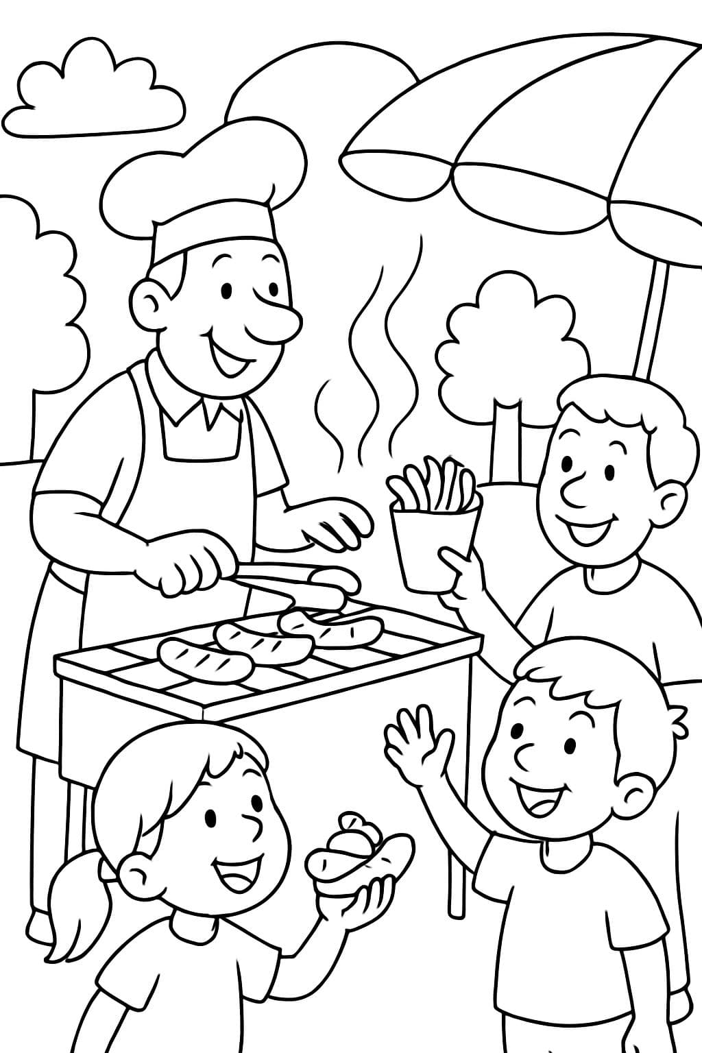 Un hombre que asa salchichas, hace papas fritas y las vende a niños y adultos