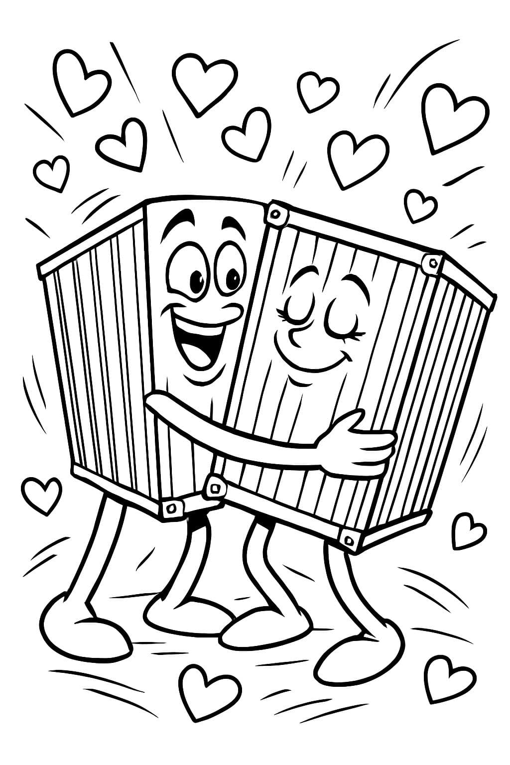 2 contenedores marítimos enamorándose, corazones volando alrededor