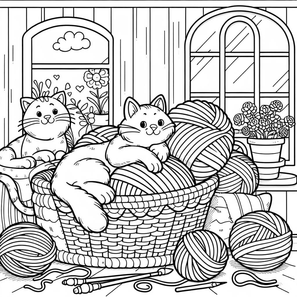 Gatos descansando alrededor de una cesta de hilo