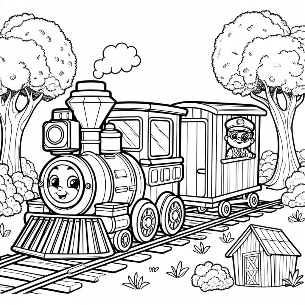 vintage train with a conductor waving, trees and sheds