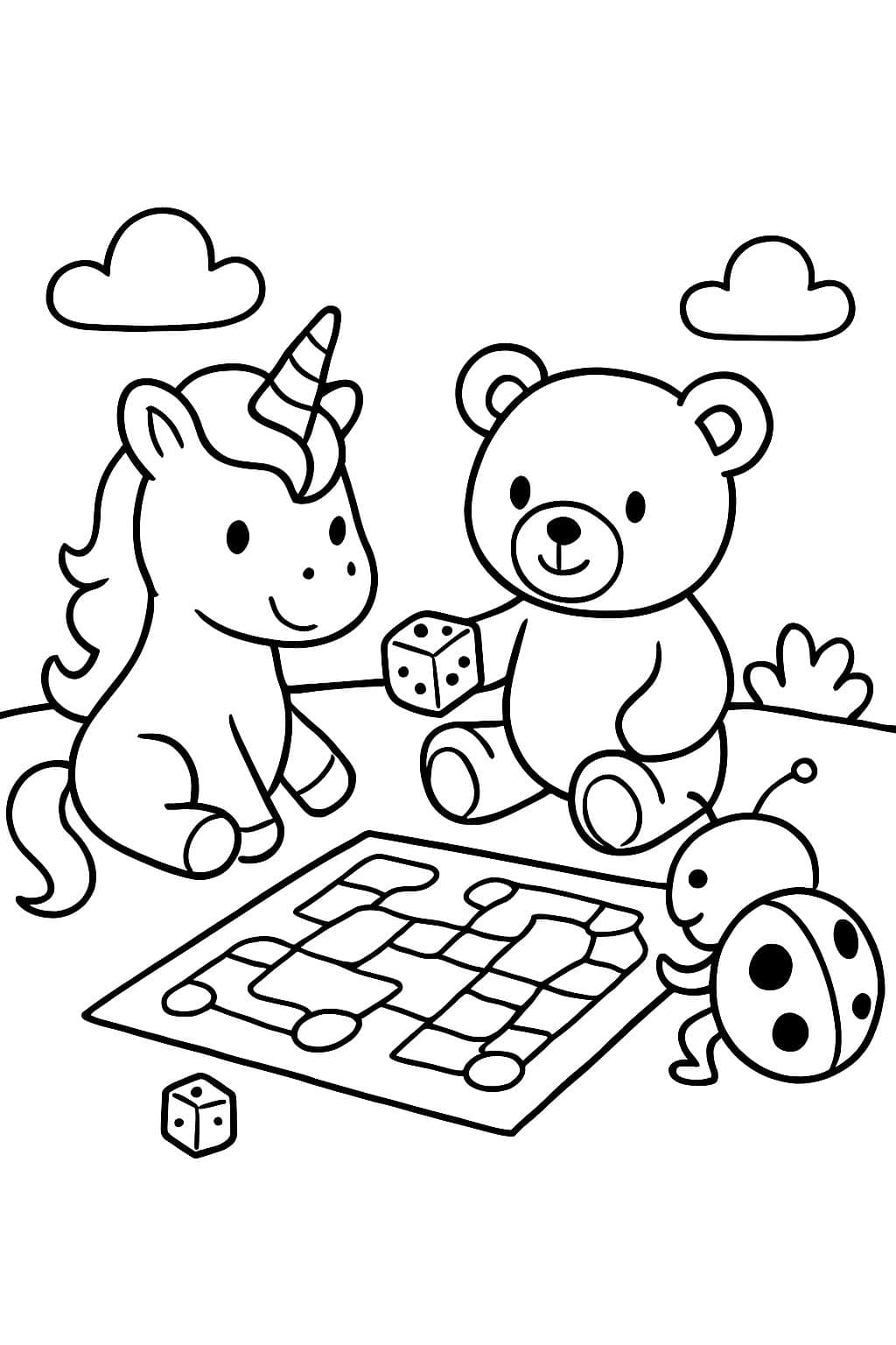 Un unicorn, un ours en peluche et un scarabée jouent à un jeu avec un plateau de jeu et des dés