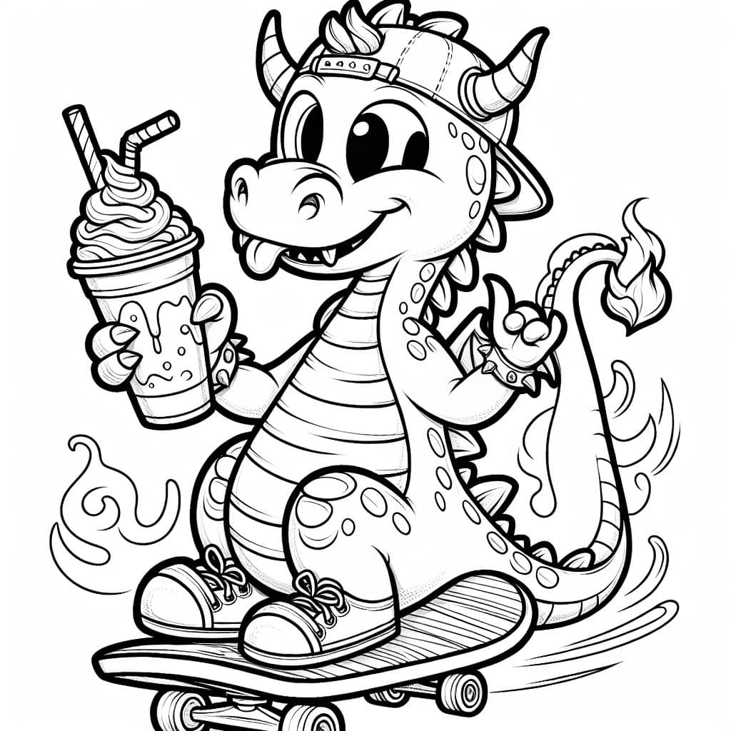 Un dragón montando un patinete bebiendo un batido.
