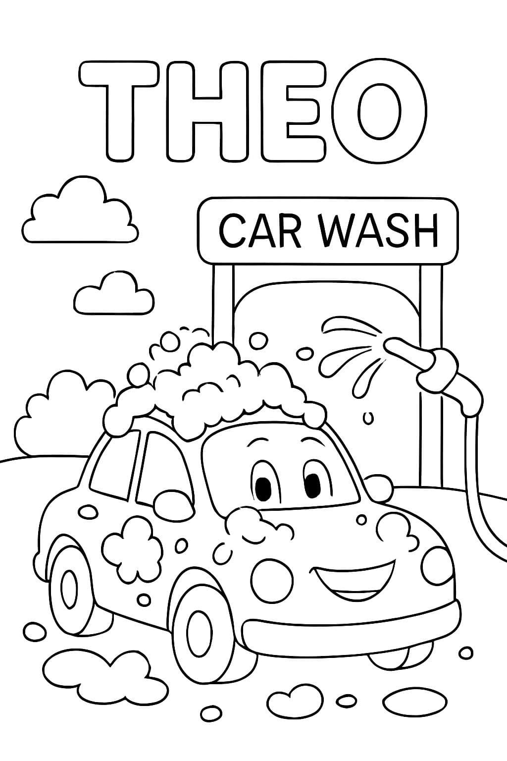 Un lave-auto avec une voiture et de la mousse avec le nom Theo en haut de la page