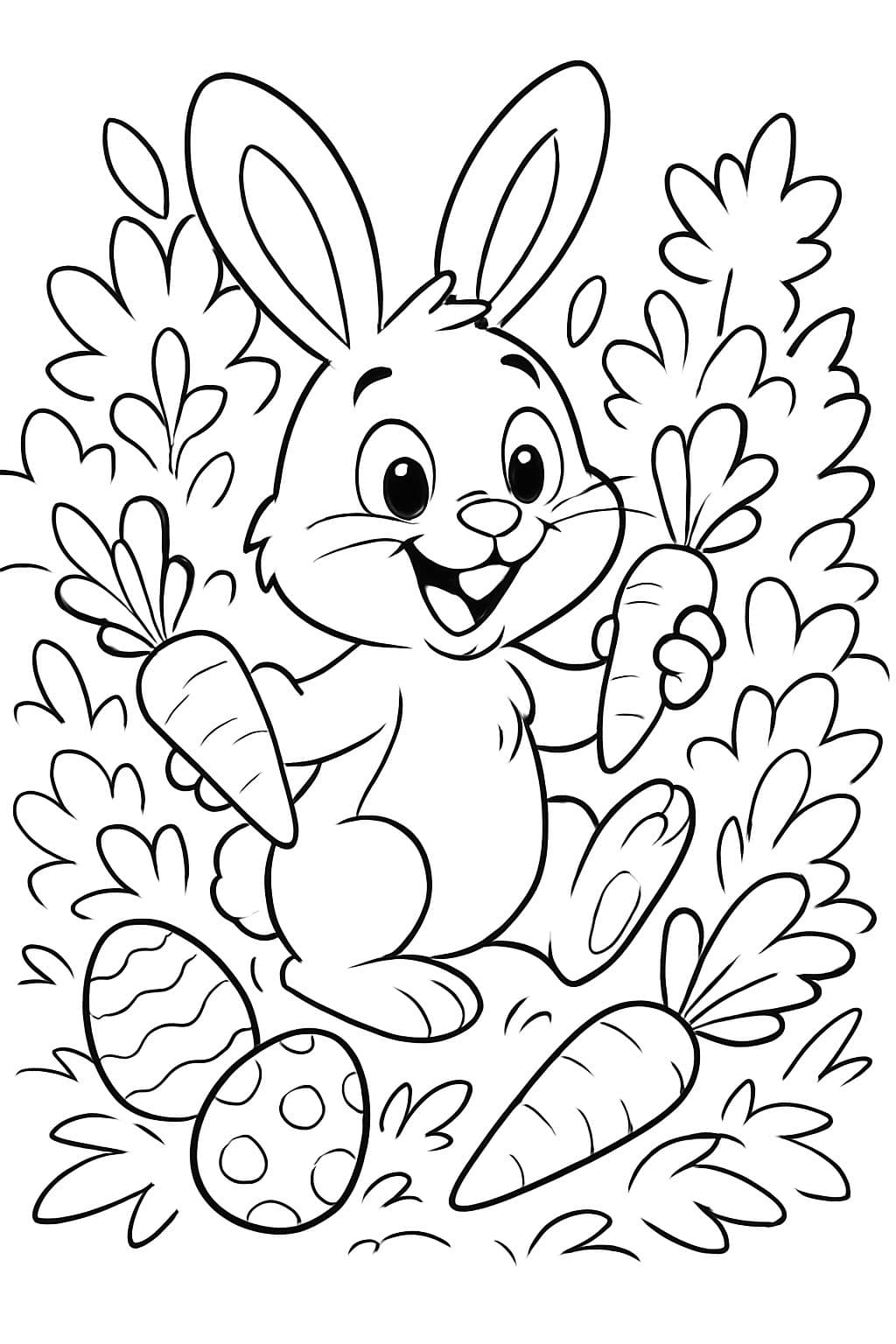 Einen Osterhasen mit Karotten und Ostereiern im Gebüsch