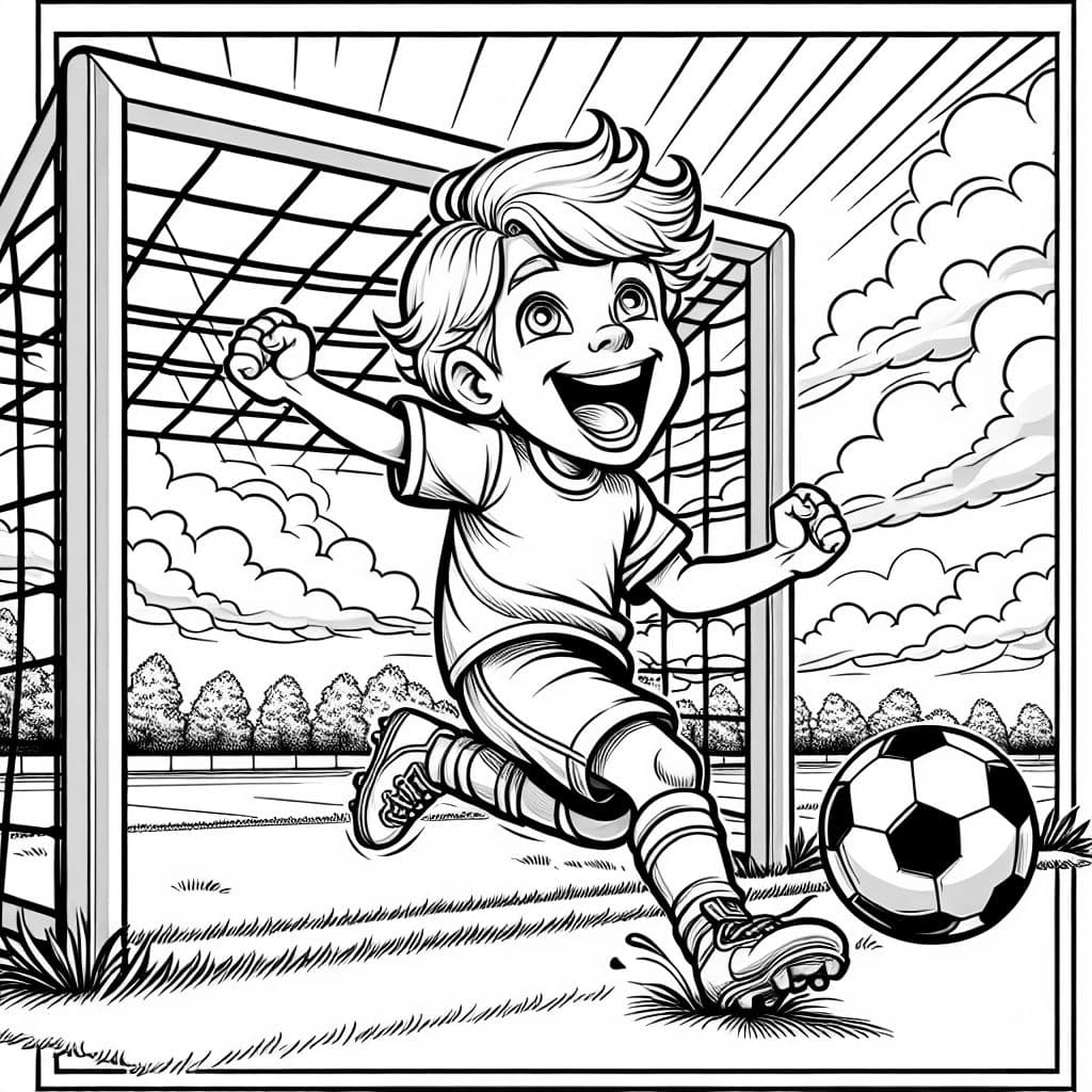 Un niño rubio jugador de fútbol anotando un gol.