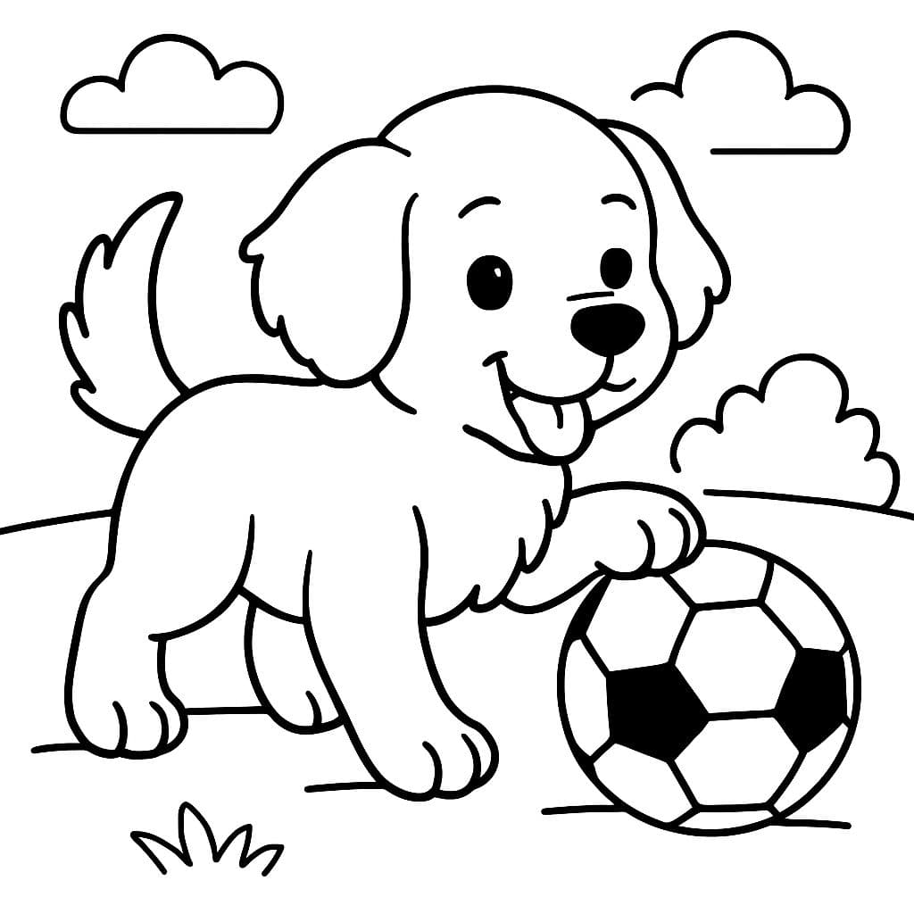 Un cachorro golden retriever jugando al fútbol.