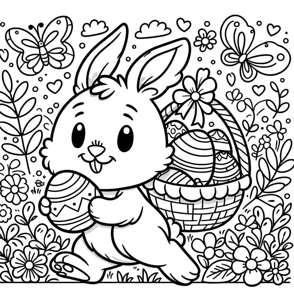 Un conejo de Pascua con una canasta de huevos en la espalda