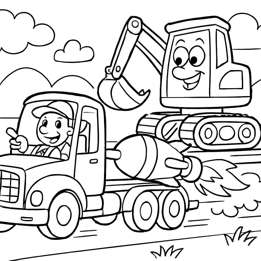 Un camion-remorque sur lequel se trouve une pelleteuse. Le camion-remorque est propulsé par une fusée.
