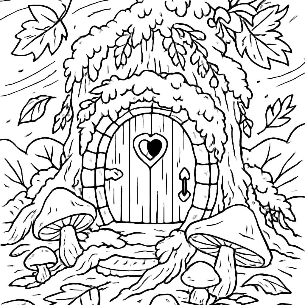 puerta dehada redonda rodeada de musgo y hiedra en un tocón y setas, otoñal