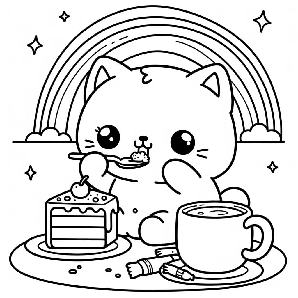 A baby cat eating cake and drinking hot cocoa with a rainbow in background
