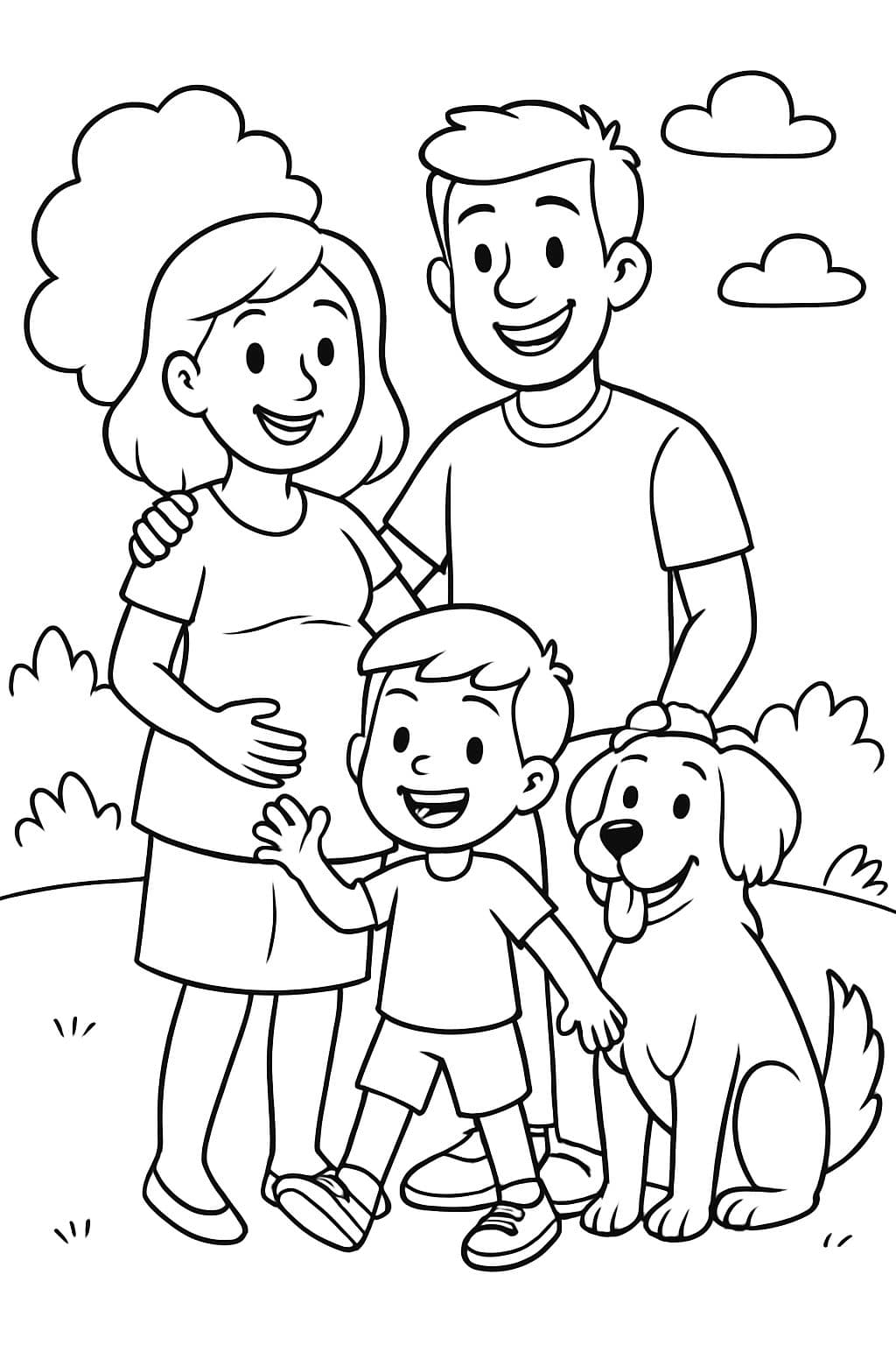 Imagem de uma família típica com mãe grávida, pai, filho de 6 anos e cão Cimarron.