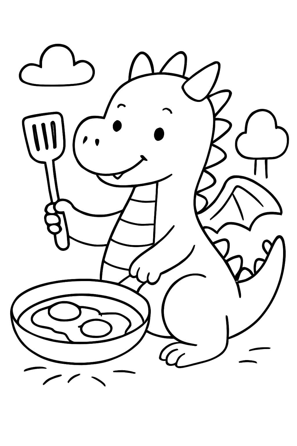Dragón cocinando dos huevos estrellados crujientes
