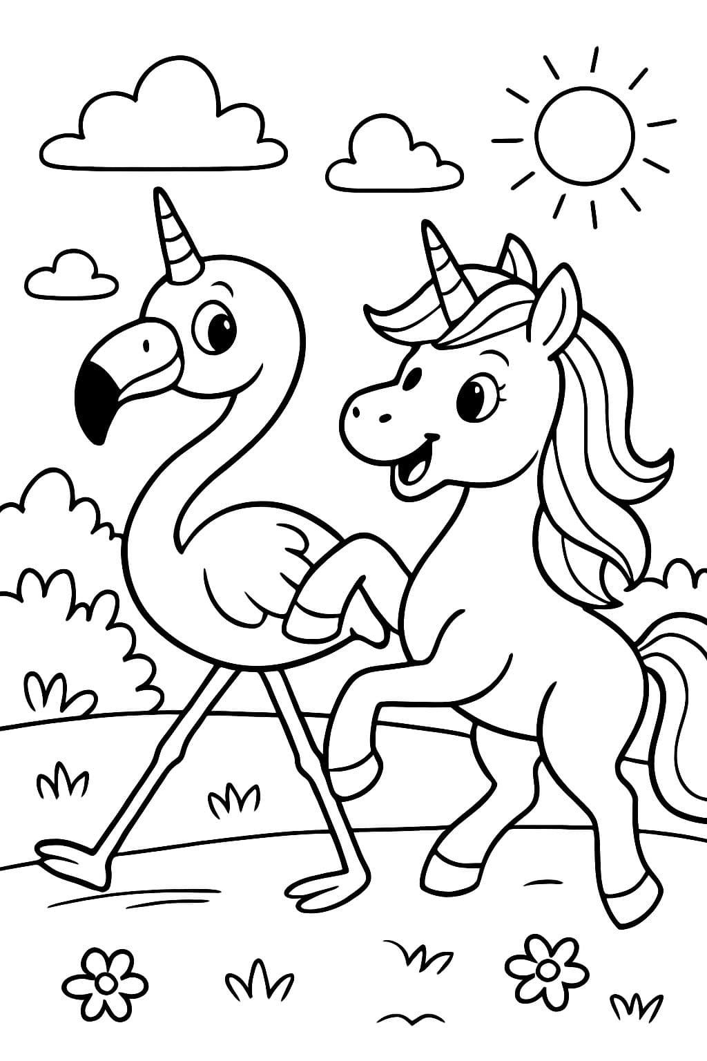 Einen Flamingoeinhorn der mit einem Einhornflamingo spaziert