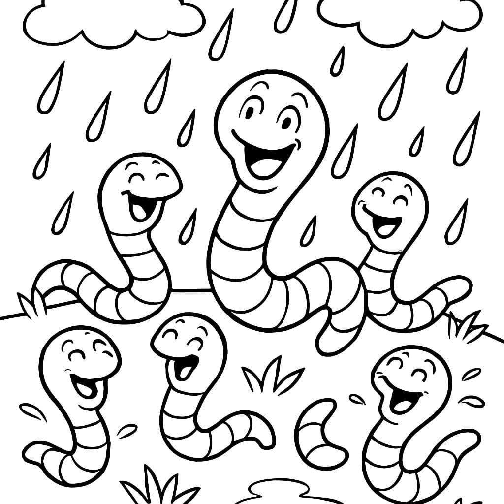 cinq vers de terre qui toussent joyeusement sous la pluie