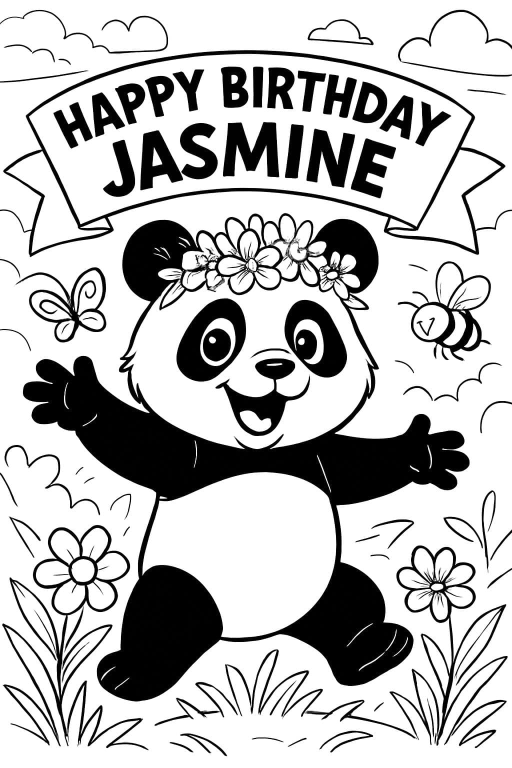 Panda mit Blumenkranz, der 'Alles Gute zum Geburtstag, Jasmine' sagt.
