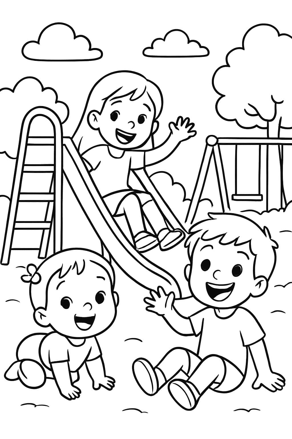 isabella (1 an), Leni (9 ans) et Max (7 ans) jouent au terrain de jeu