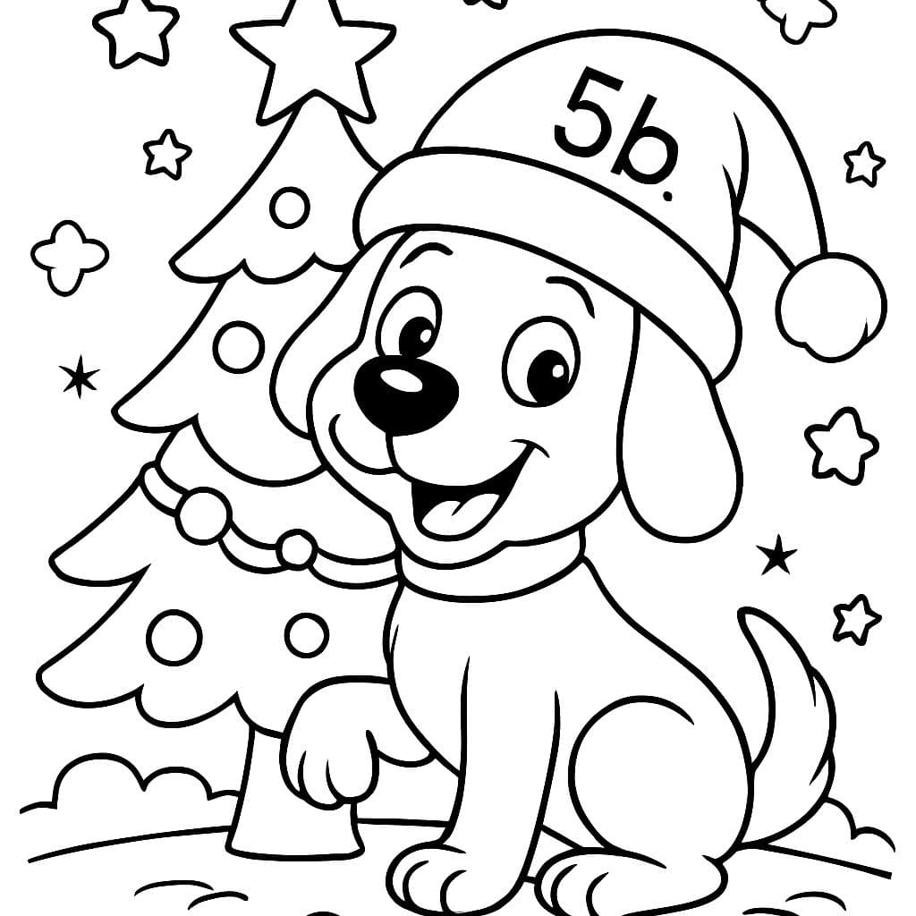 un chien avec un chapeau de Noël devant un sapin. Sur le chapeau, il est écrit 5b.