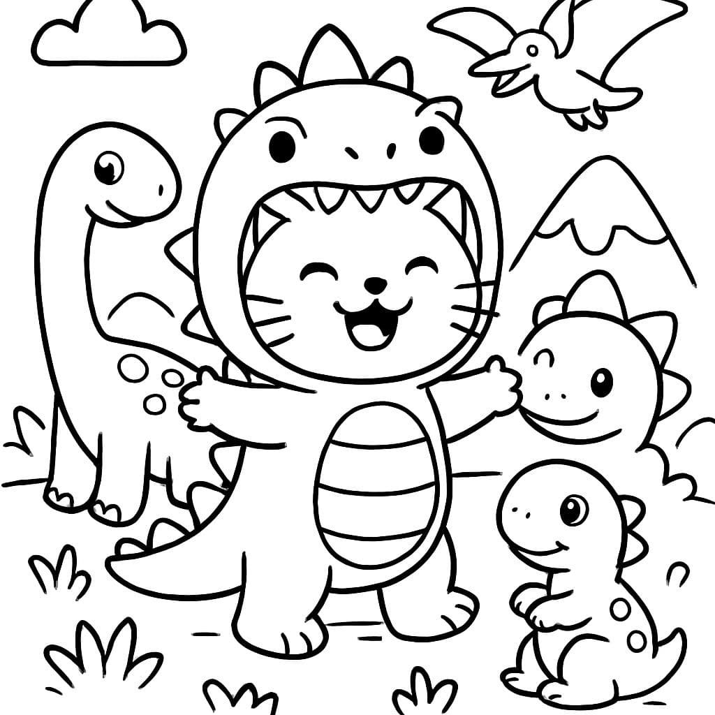 Un chat dans un costume de dinosaure avec quelques amis dinosaures