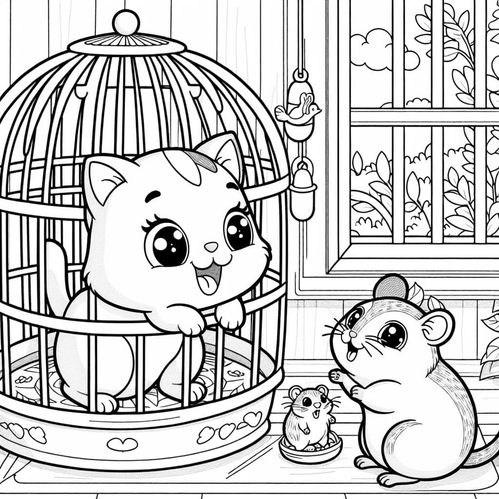 a cat and a hamster who play with a row in a beautiful cage