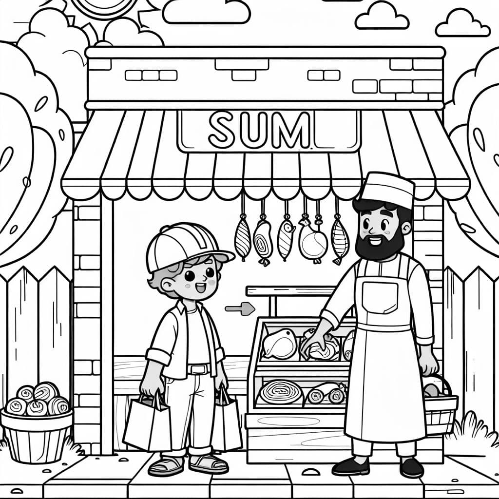 uma casa de carne chamada "sum" e um trabalhador da construção comprando lá