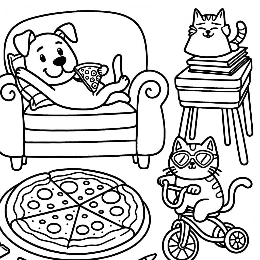 Perro mujer sobre una pizza y un gato montando en una rueda de hámster