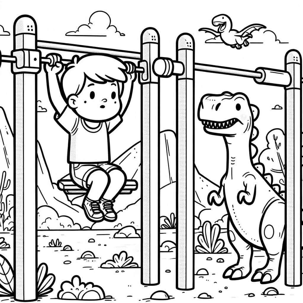Un niño en una barra de dominadas en un mundo de dinosaurios