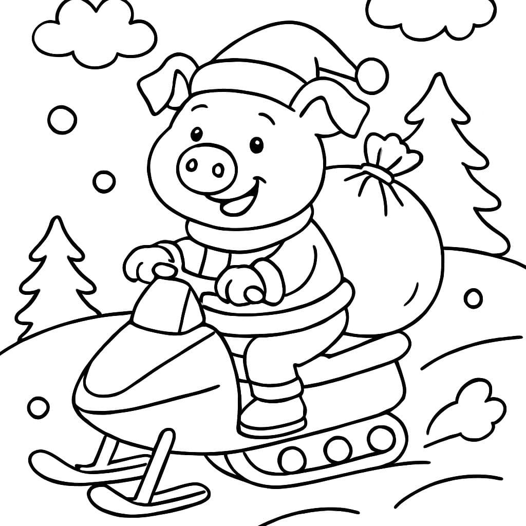 Cerdo con saco de regalos en una moto de nieve