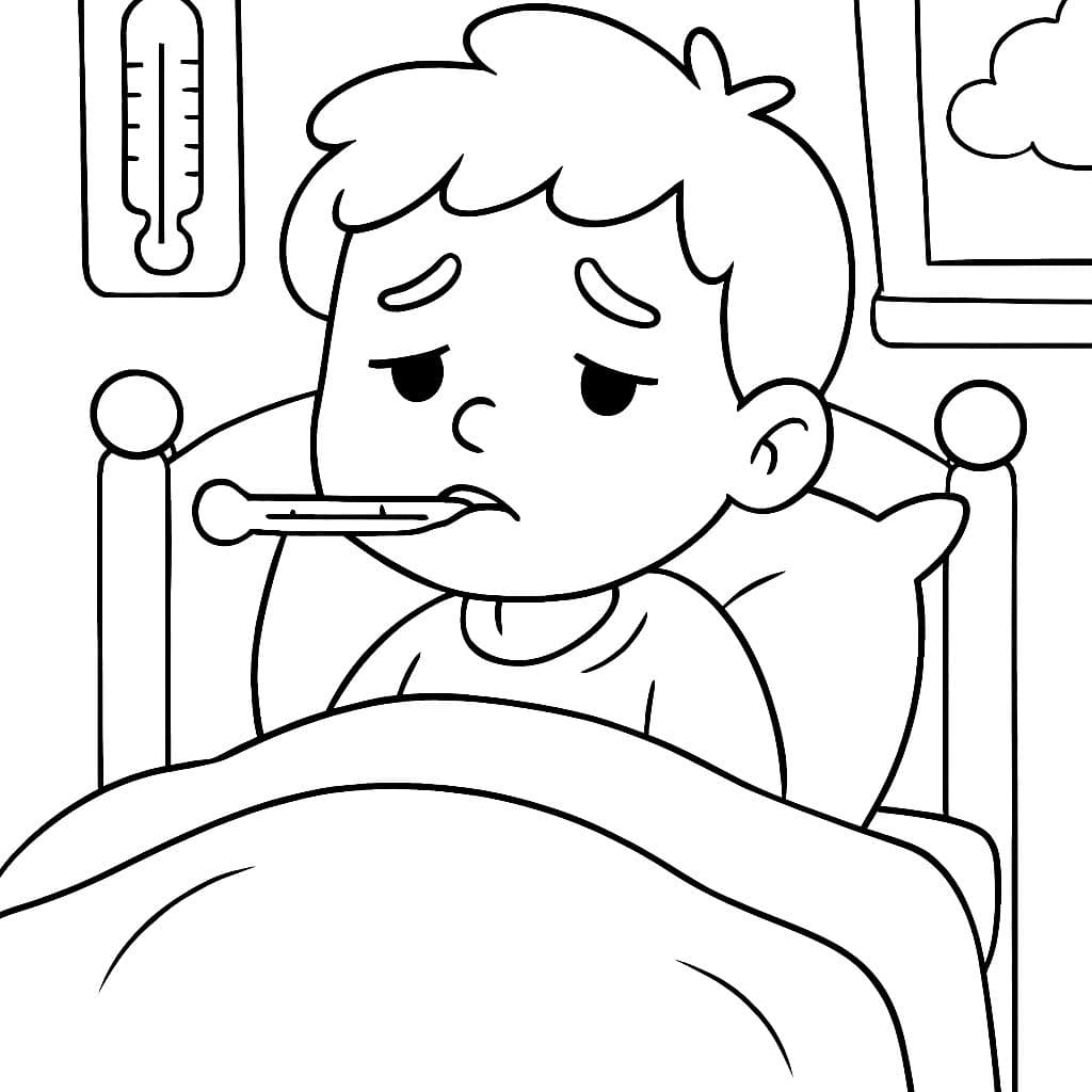 ¿Puedes mostrar a la persona que está enferma en la cama con un termómetro en la boca?