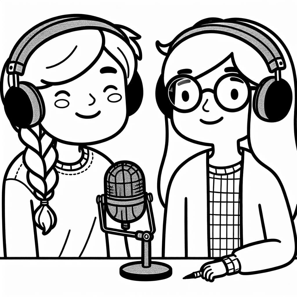 Dos mejores amigos, uno con una trenza y otro con cabello largo y gafas grabando un podcast.