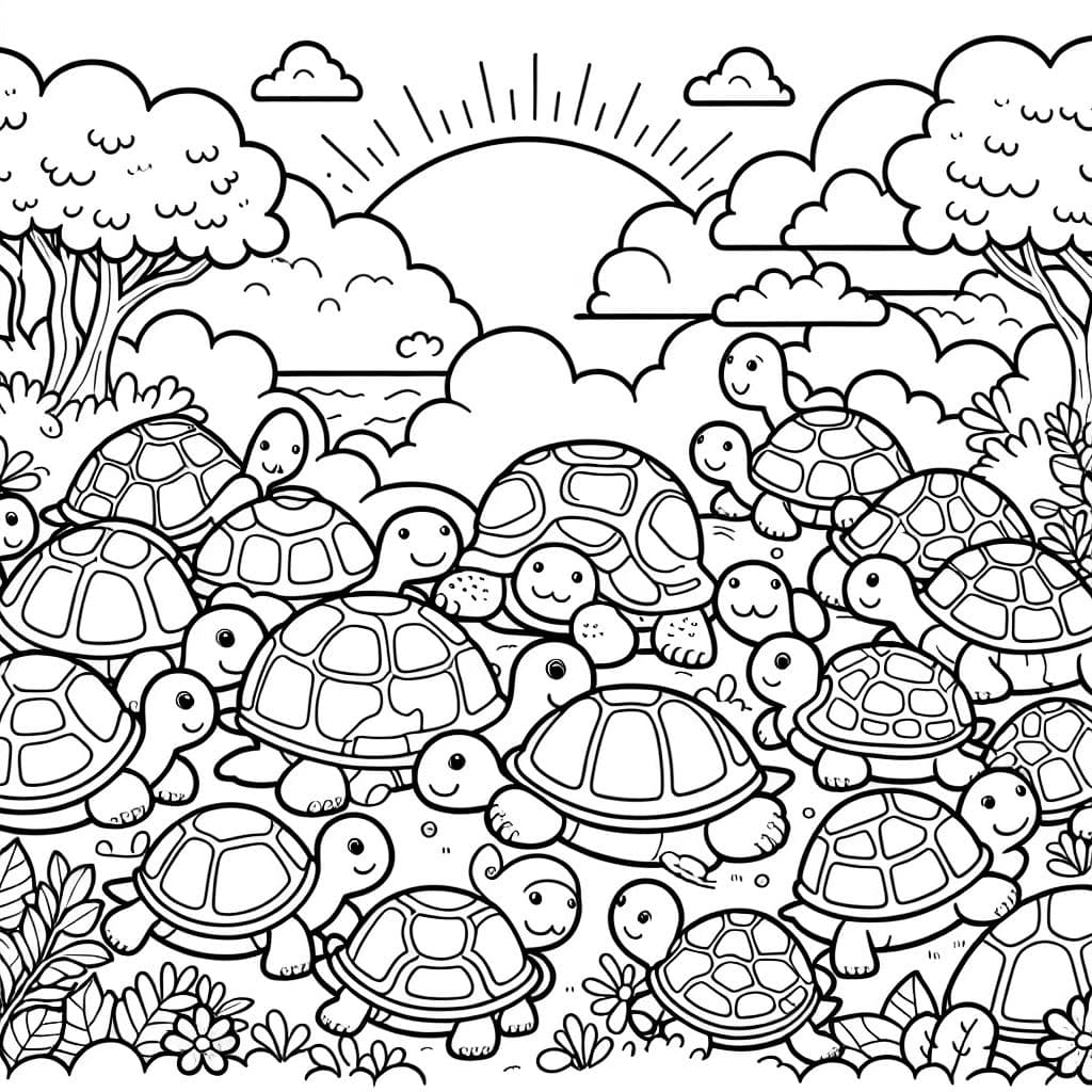 Una hermosa página para colorear con muchas tortugas de diferentes tamaños y formas.