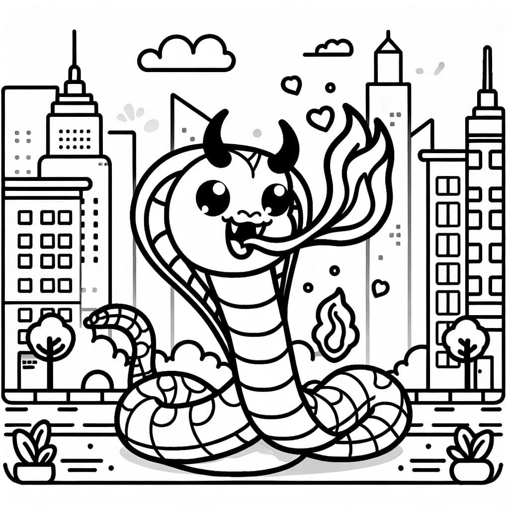 una cobra con dos cuernos está de pie sobre su cola y escupe fuego en una ciudad