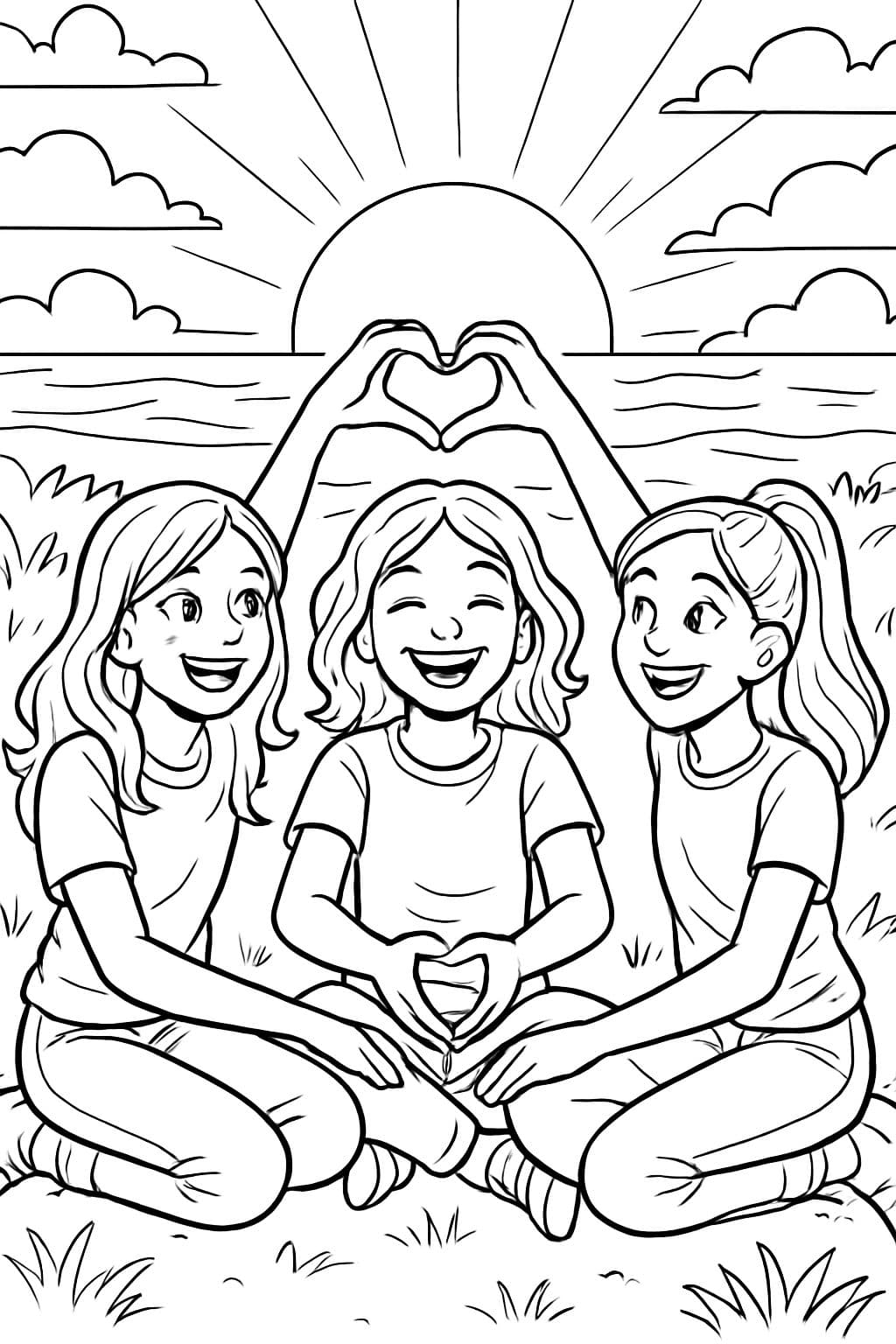 Trois filles (réalistes) font un signe de cœur avec leurs mains en étant assises face au coucher de soleil.