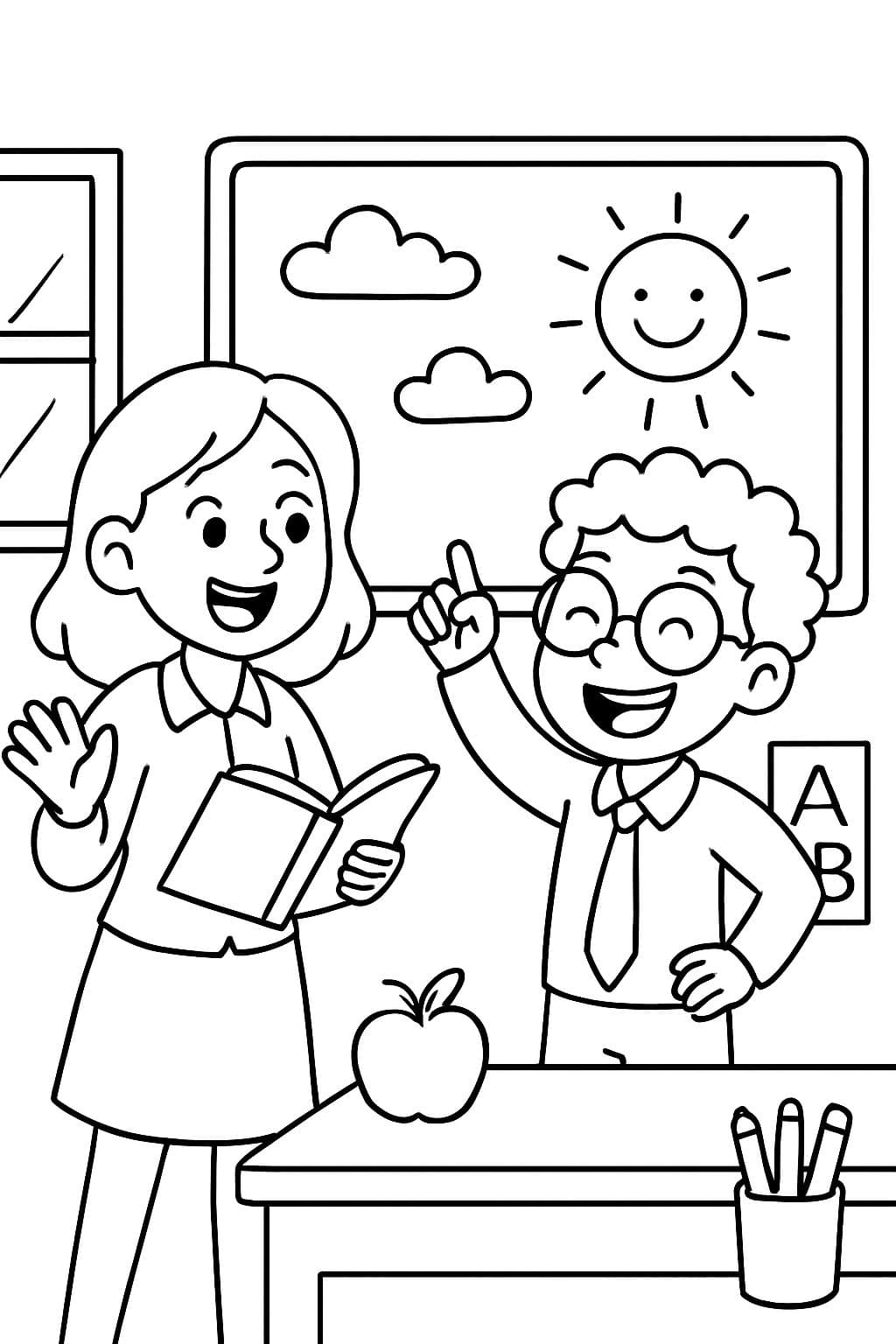 zwei Lehrer in einem Klassenzimmer, die super lustig sind