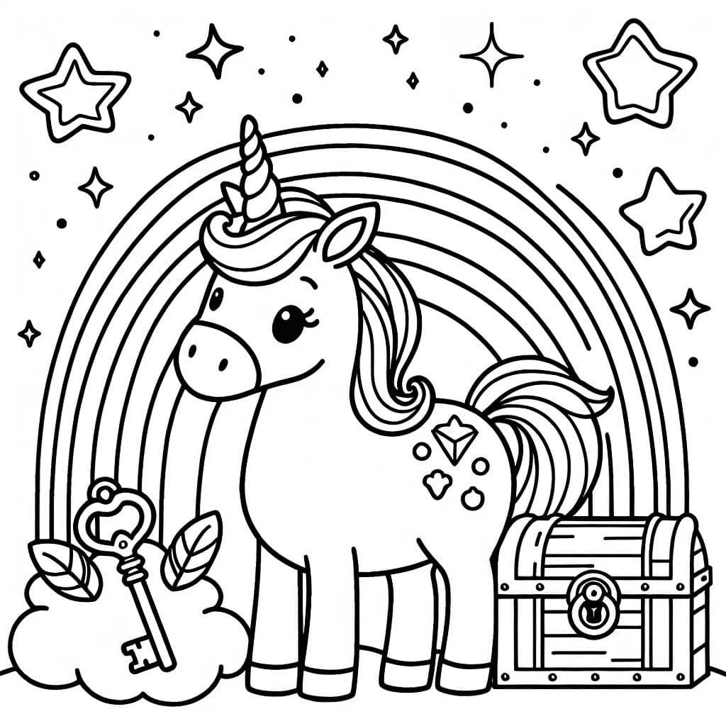 Unicornio en arcoíris con llave y tesoro y estrellas arriba