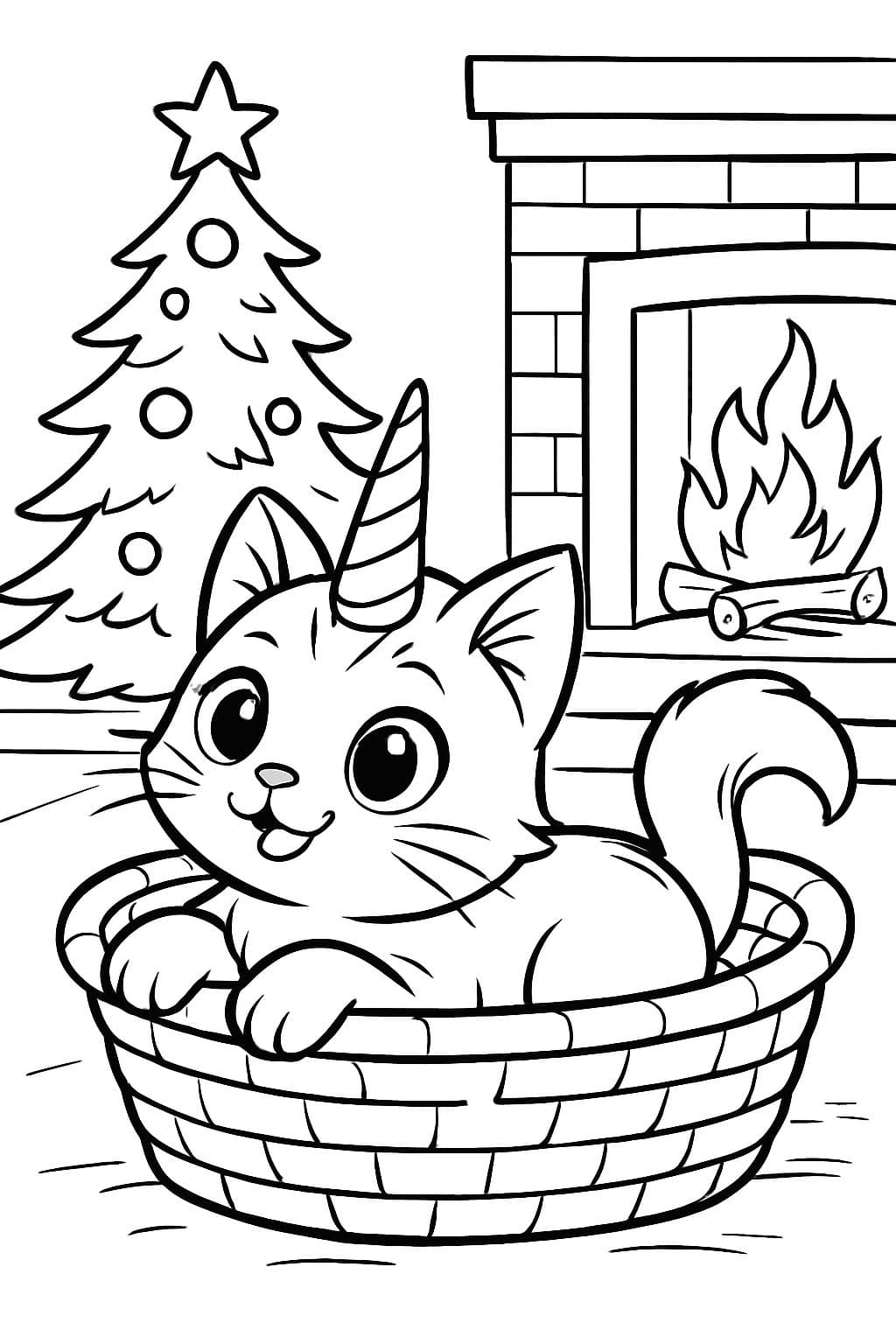 Um bebê gato unicórnio está deitado em uma cesta diante de uma árvore de Natal e uma lareira