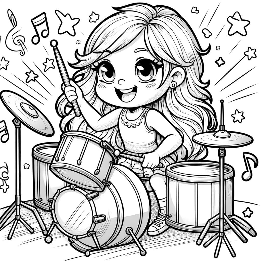 Fille blonde de neuf ans avec de longs cheveux jouant de la batterie