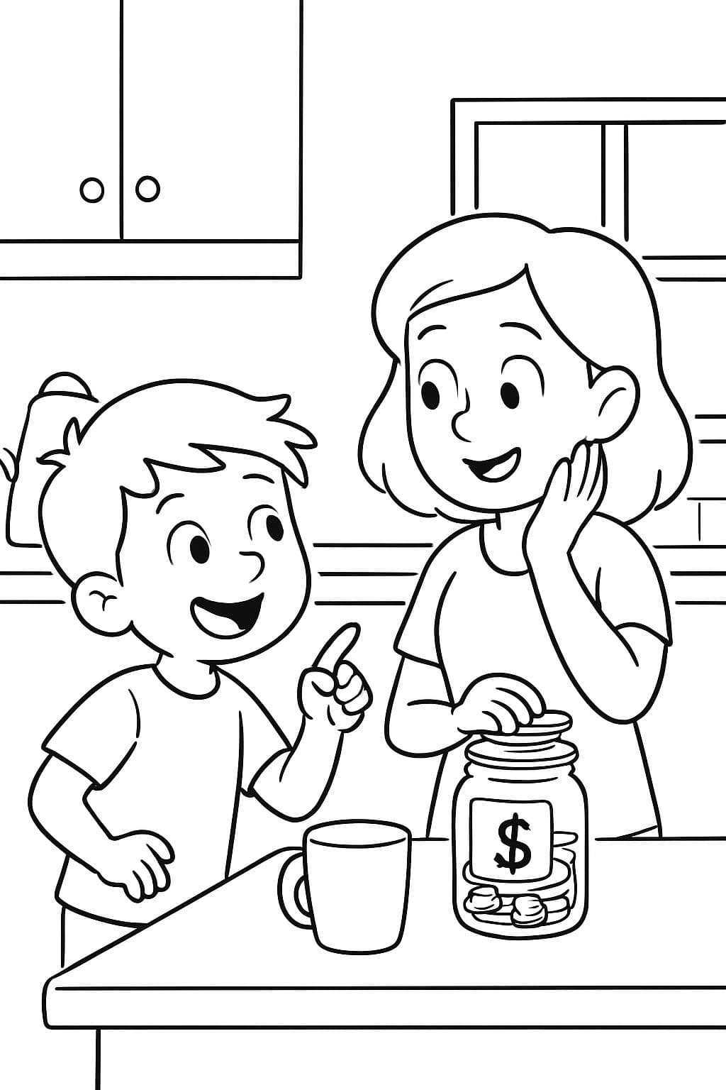 A boy asking his mother in the kitchen if she can make hot chocolate and the mother looking at the money jar that have the last few money.