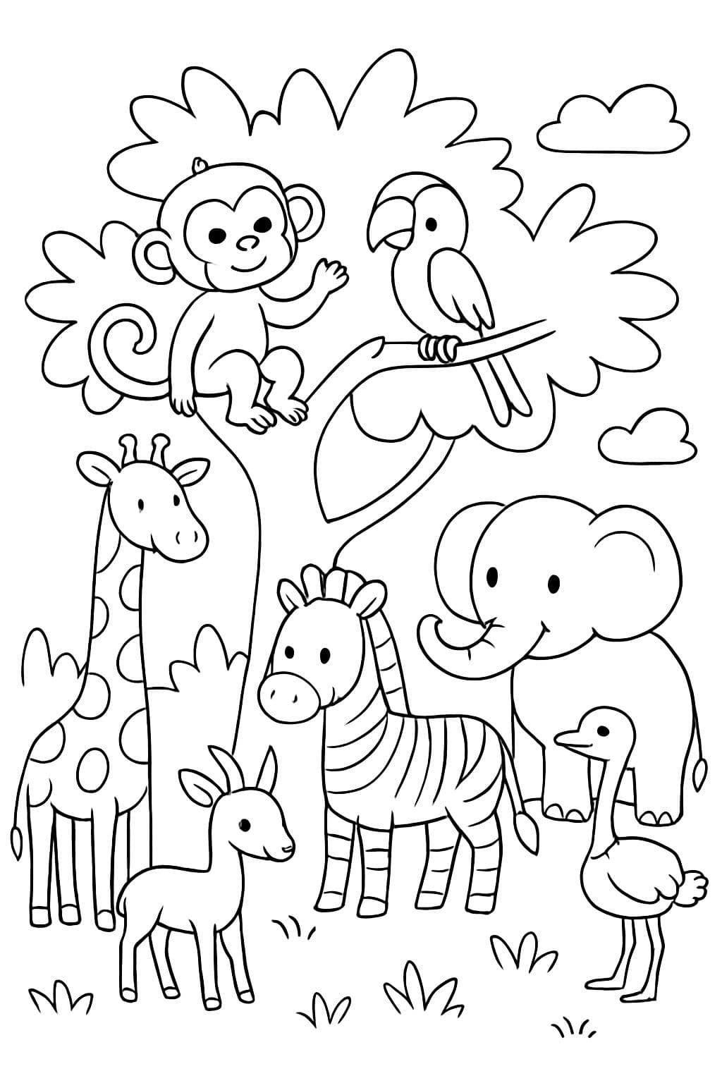 Ein Affe und ein Papagei in einem Baum mit einer Giraffe, einem Zebra, einem Elefanten, einer Antilope und einem Strauß rund um den Baum.