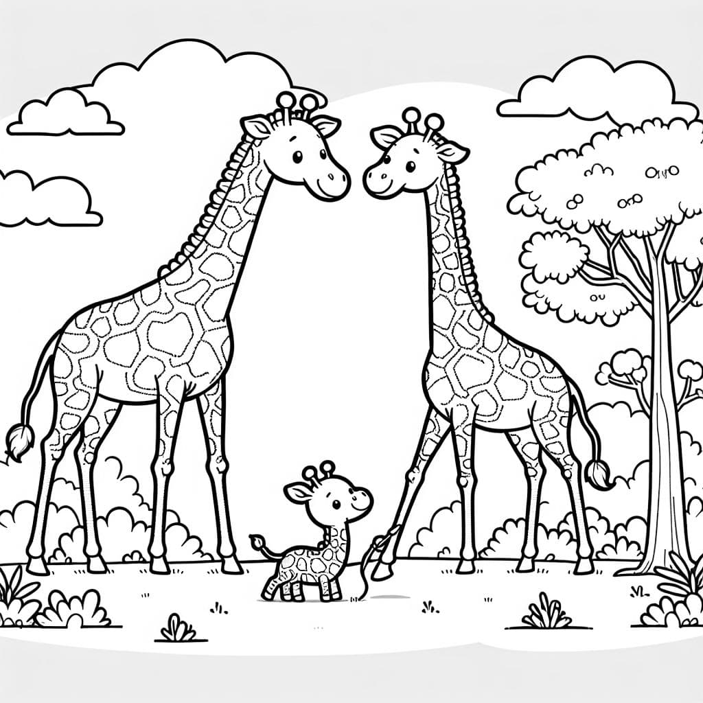 Una familia de jirafas con un jirafito para colorear