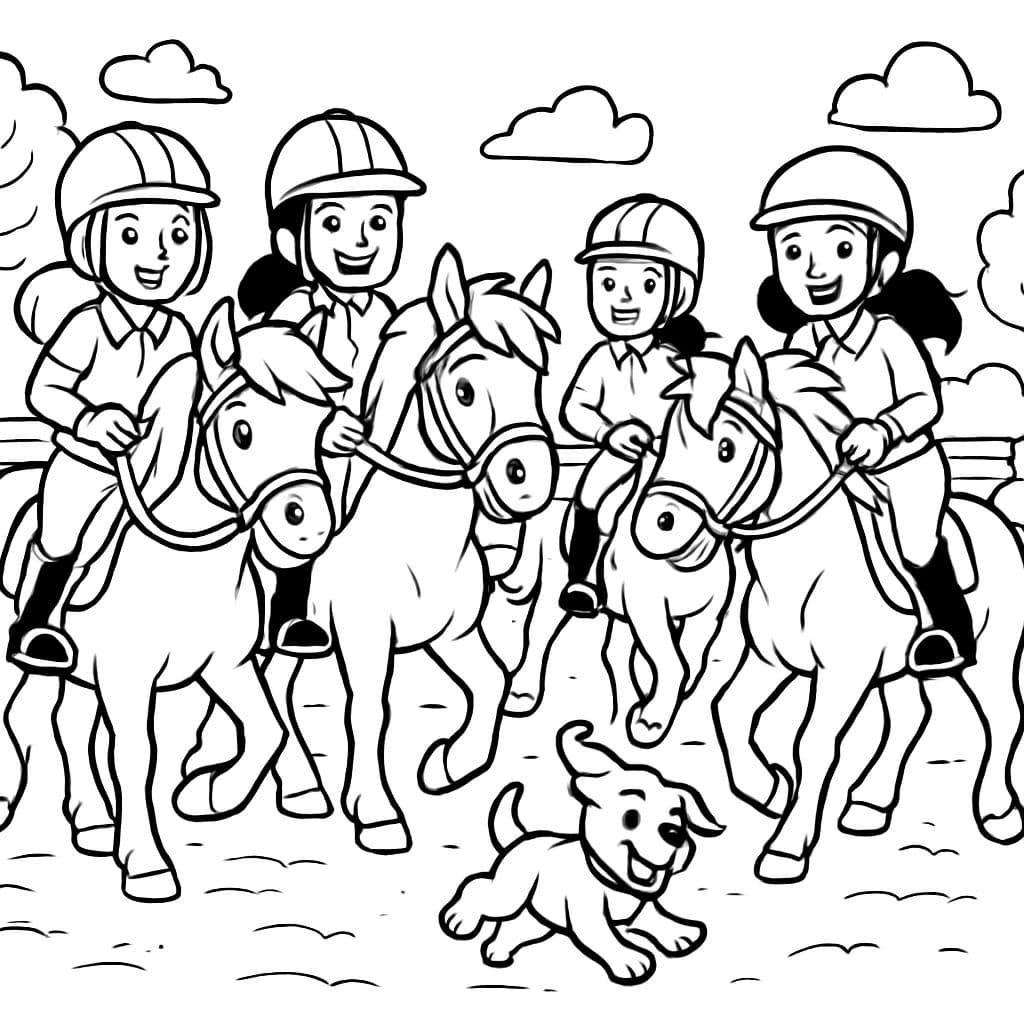 Quatro cavalos com quatro cavaleiras, usando capacetes de equitação, e um filhote em uma arena de equitação