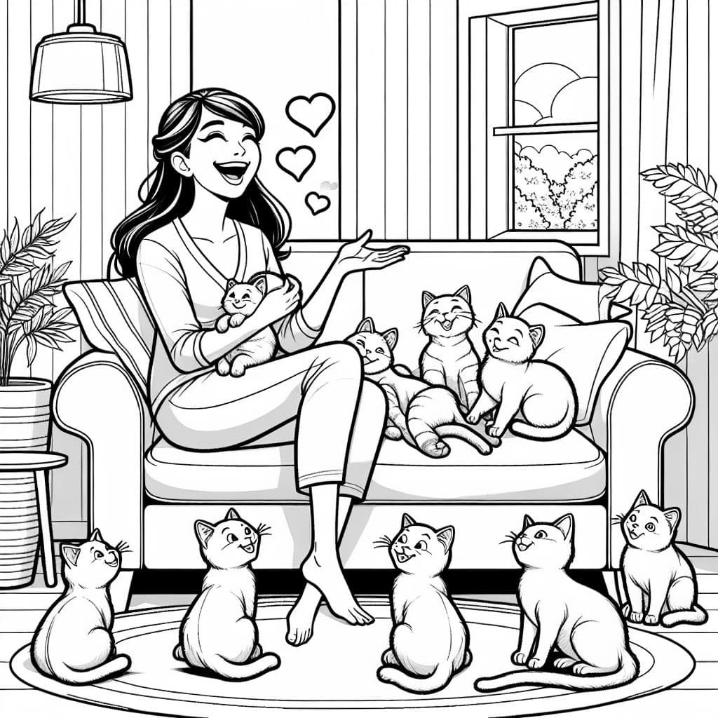 a woman in her thirties playing with seven cats on a sofa